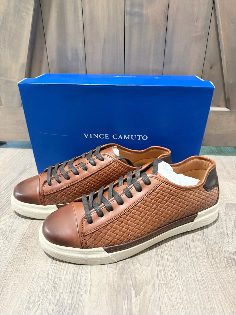 Vince Camuto Men's Brown Minimalist Woven Leather Sneakers Size 12 Casual Shoes